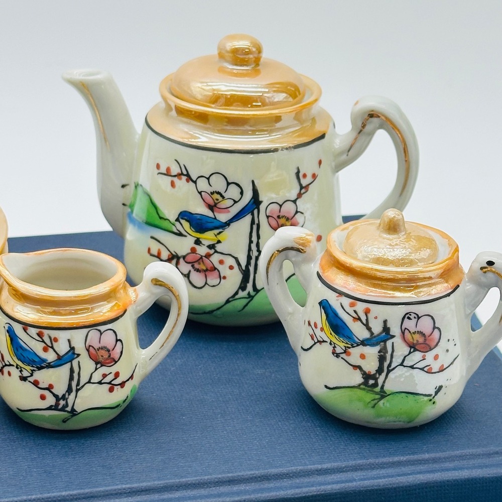 Made in Japan Vintage Miniature Bluebird Lusterware Tea Set Cherry Blossom